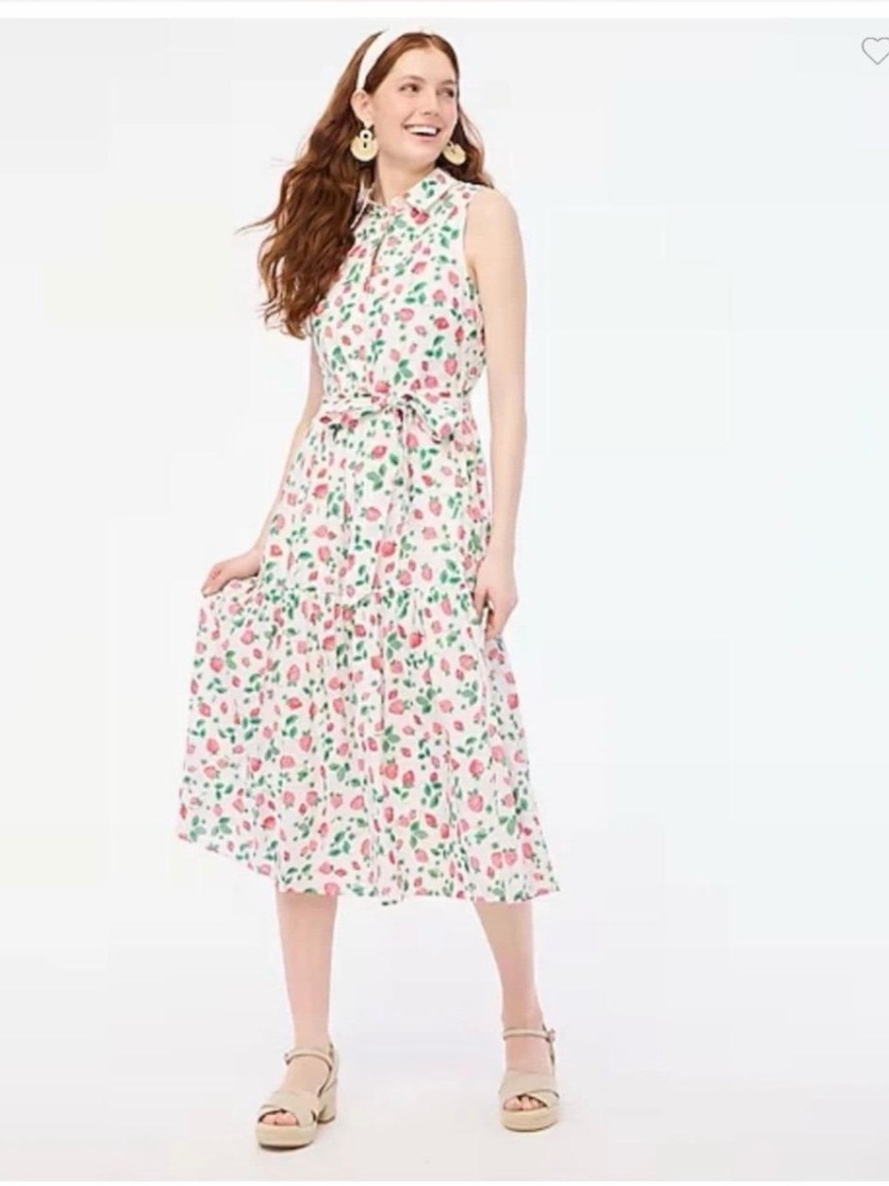 J Crew white strawberry print fit & flare midi dress